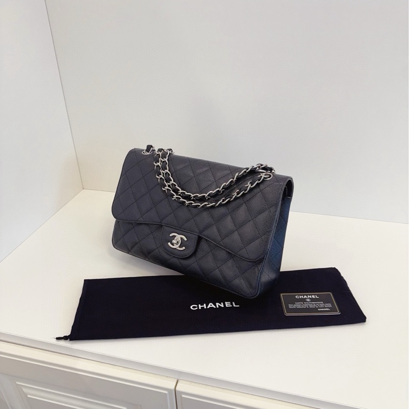 【98新🆕】Chanel 黑銀荔枝皮雙蓋CF Jumbo 最強王者魚子醬珍寶 單肩包-1