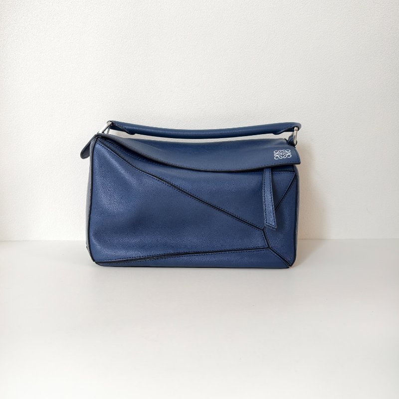 羅意威/Loewe 中號緞面牛皮革 Puzzle 手袋 藍色 15年 29×19.5×14cm 98新-3