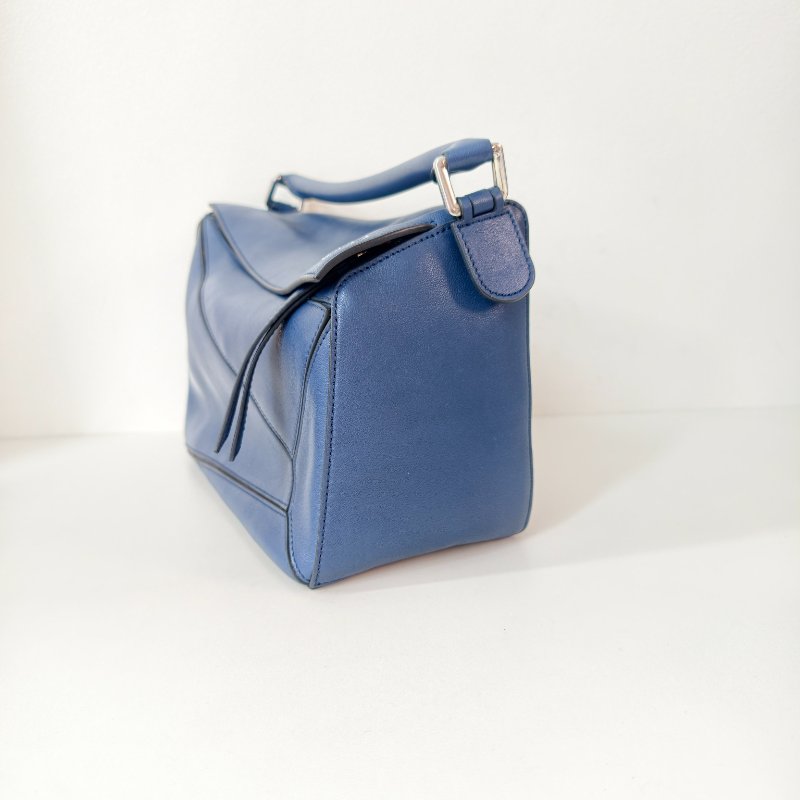 羅意威/Loewe 中號緞面牛皮革 Puzzle 手袋 藍色 15年 29×19.5×14cm 98新-7