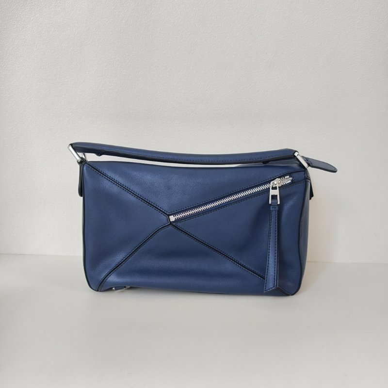 羅意威/Loewe 中號緞面牛皮革 Puzzle 手袋 藍色 15年 29×19.5×14cm 98新-8