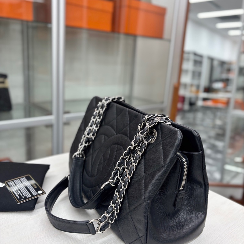 【98新】 Chanel 黑銀荔枝牛皮 小號手提單肩購物袋 單肩包-2