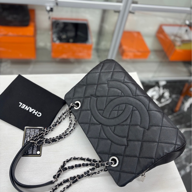 【98新】 Chanel 黑銀荔枝牛皮 小號手提單肩購物袋 單肩包-3