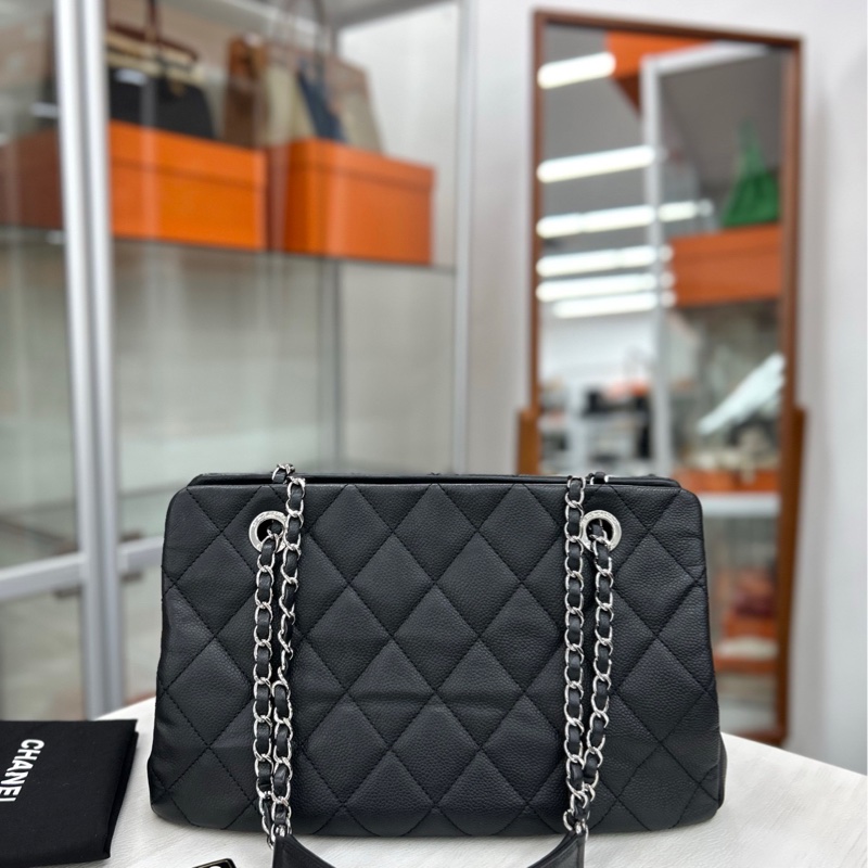 【98新】 Chanel 黑銀荔枝牛皮 小號手提單肩購物袋 單肩包-4