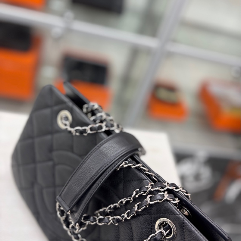 【98新】 Chanel 黑銀荔枝牛皮 小號手提單肩購物袋 單肩包-5