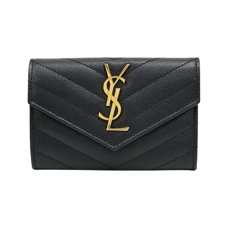 黑色 牛皮 Cassandra Matelasse 信封錢包 扣式短夾【SAINT LAURENT YSL 聖羅蘭 】 414404-0