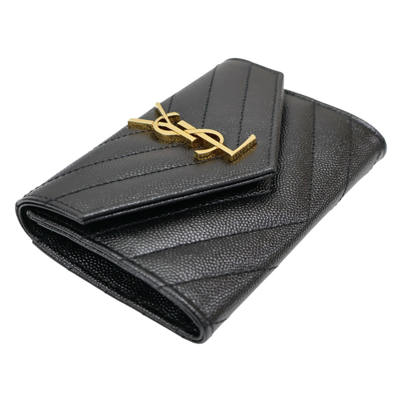 黑色 牛皮 Cassandra Matelasse 信封錢包 扣式短夾【SAINT LAURENT YSL 聖羅蘭 】 414404-2