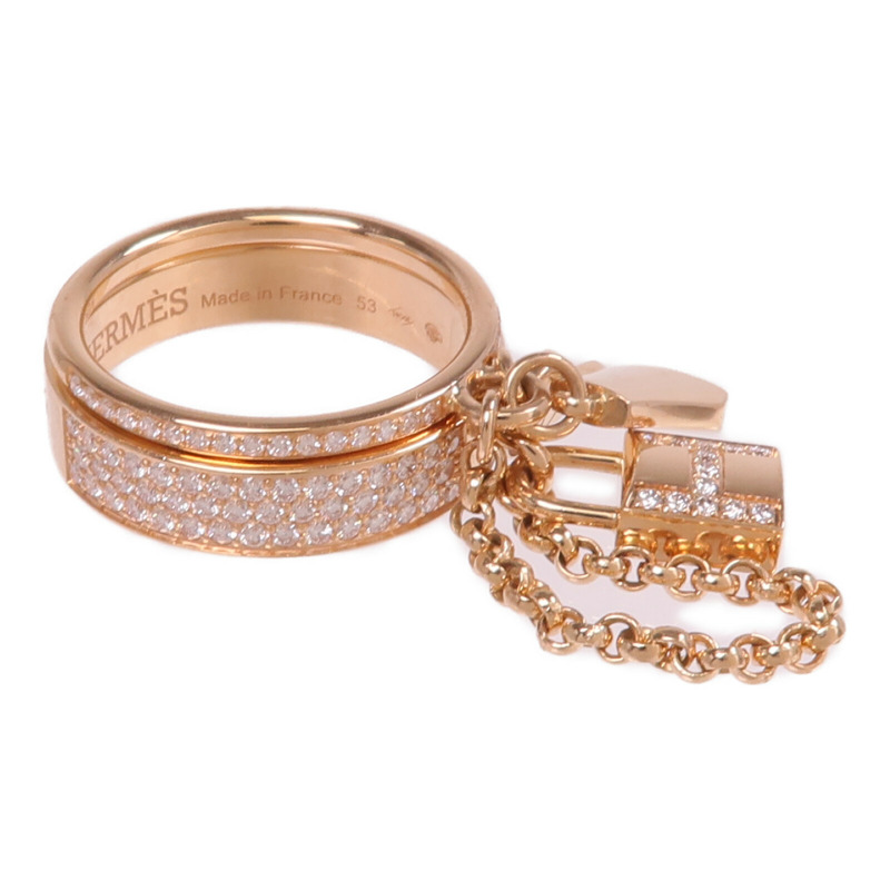 HERMES 18K玫瑰金Kelly Cadenas Double Ring鑽石戒指Hermes#53/US#6.5-3