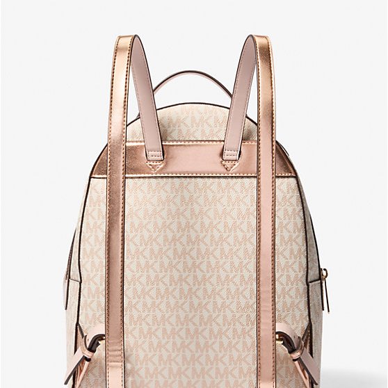 【Michael Kors】專櫃經典款 Sheila 滿版LOGO拉鍊後背包-櫻花粉/中-3