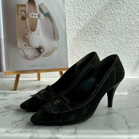 💖超級有質感 Chanel 黑色霧面麂皮高跟鞋