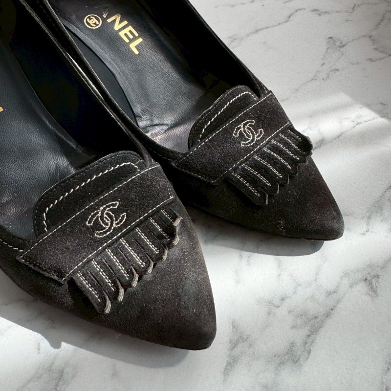 💖超級有質感 Chanel 黑色霧面麂皮高跟鞋-6