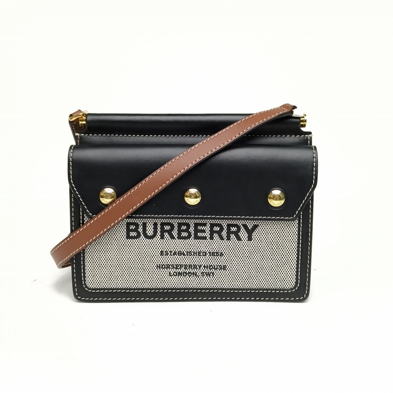 Burberry 拼色牛皮/帆布burberrytitle泰爾特系列雙面郵差包肩背包-0