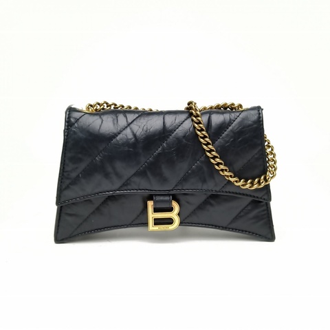 BALENCIAGA 黑色牛皮CRUSH沙漏復古做舊手提單肩包XS
