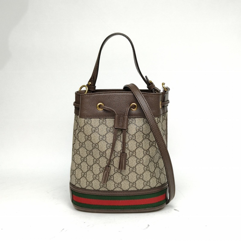 GUCCI Ophidia抽繩水桶包小號20.5烏木色PVC金扣肩背包-0