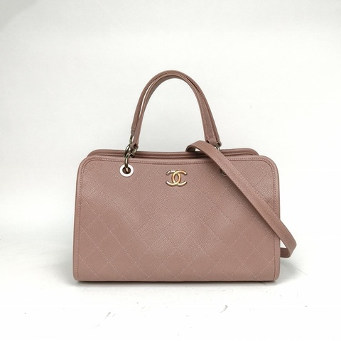 CHANEL 紫色荔枝牛皮24開銀扣2way保齡球手提包