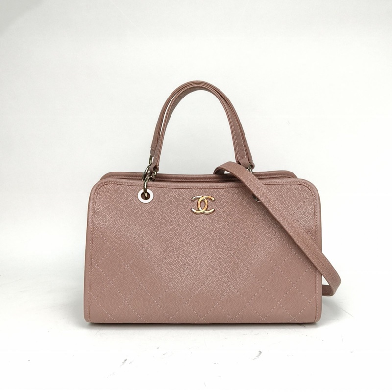 CHANEL 紫色荔枝牛皮24開銀扣2way保齡球手提包-0