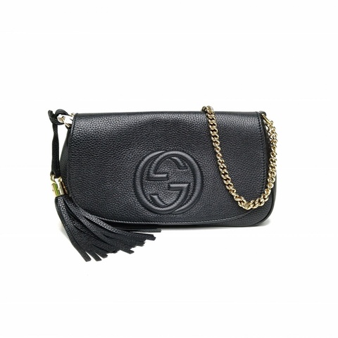 GUCCI 黑色牛皮金扣SOHO流蘇鏈條包斜挎包