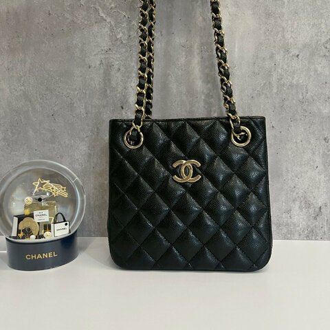 Chanel mini tote 黑金荔枝牛 晶片款