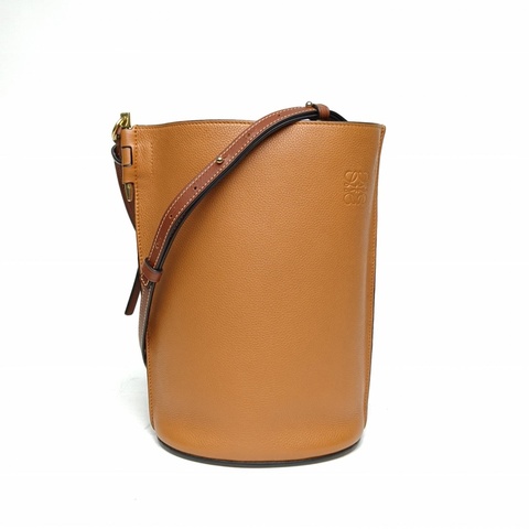 LOEWE 焦糖色牛皮金扣getepucketbag水桶包肩背包