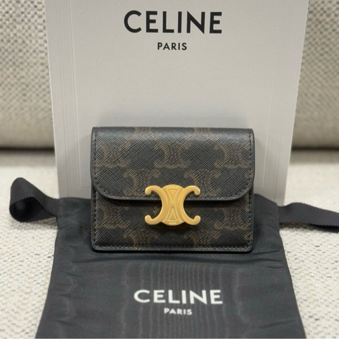 CELINE賽琳 Triomphe 凱旋門金屬大鎖扣老花滿印合成革 零錢包卡包女款棕色