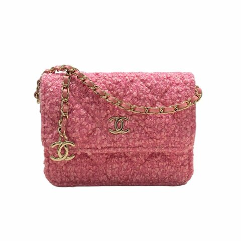CHANEL 香奈兒 TWEED QUILTED FLAP CHAIN WAIST BAG 迷你腰包 粉紅色 粗花呢 淺金釦