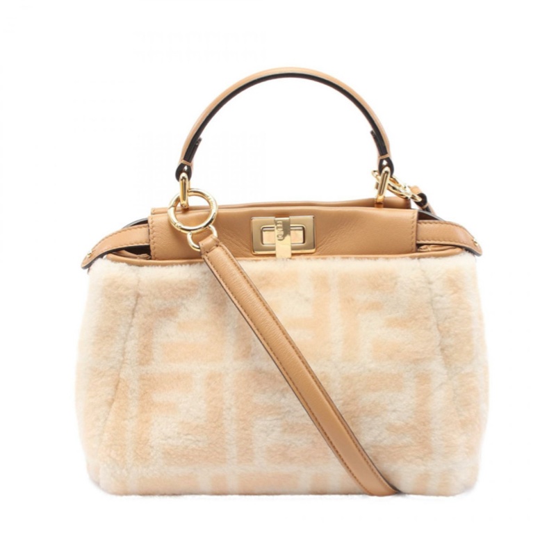 Fendi Peekaboo躲貓貓迷你羔羊毛雙F老花斜背包單肩包-0
