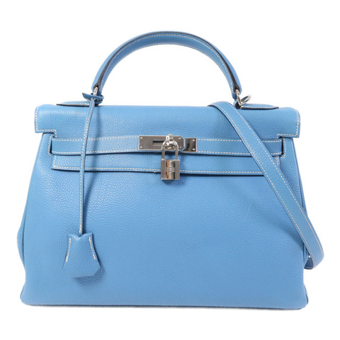 HERMES Togo皮革Kelly 32銀扣手挽肩背兩用袋Blue Jean