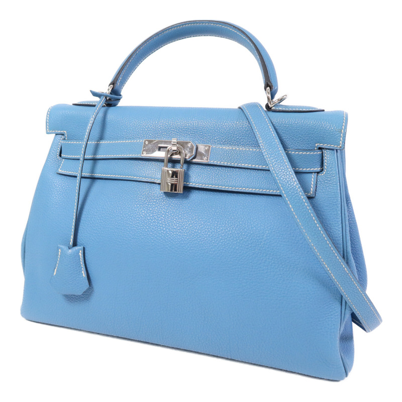 HERMES Togo皮革Kelly 32銀扣手挽肩背兩用袋Blue Jean-2