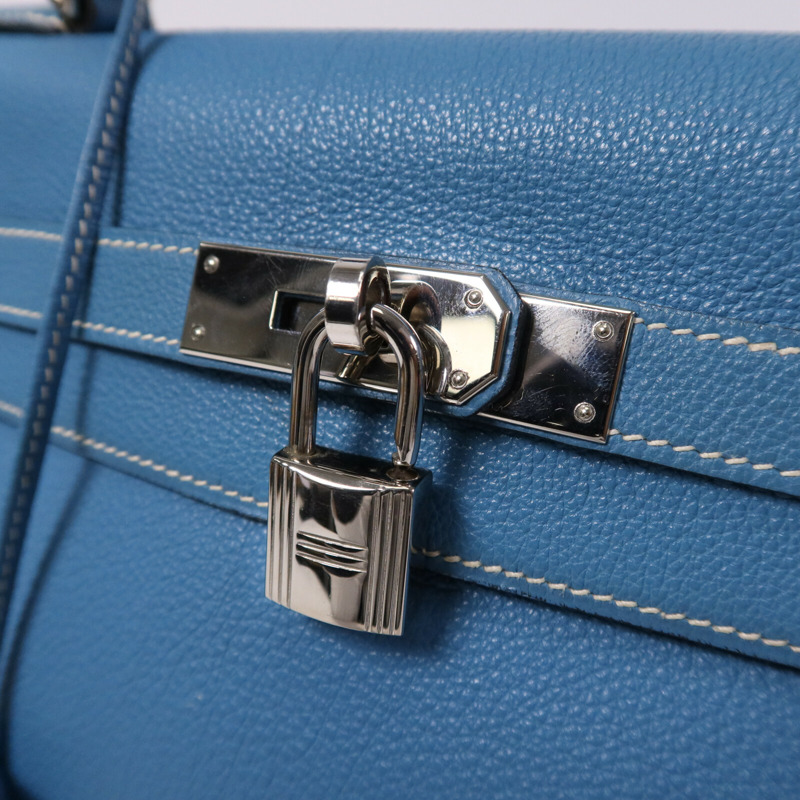 HERMES Togo皮革Kelly 32銀扣手挽肩背兩用袋Blue Jean-6