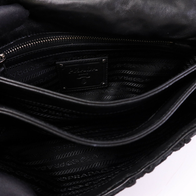 PRADA 針織布料/羊皮皮革Guipure Lace Shoulder Bag肩背袋-4