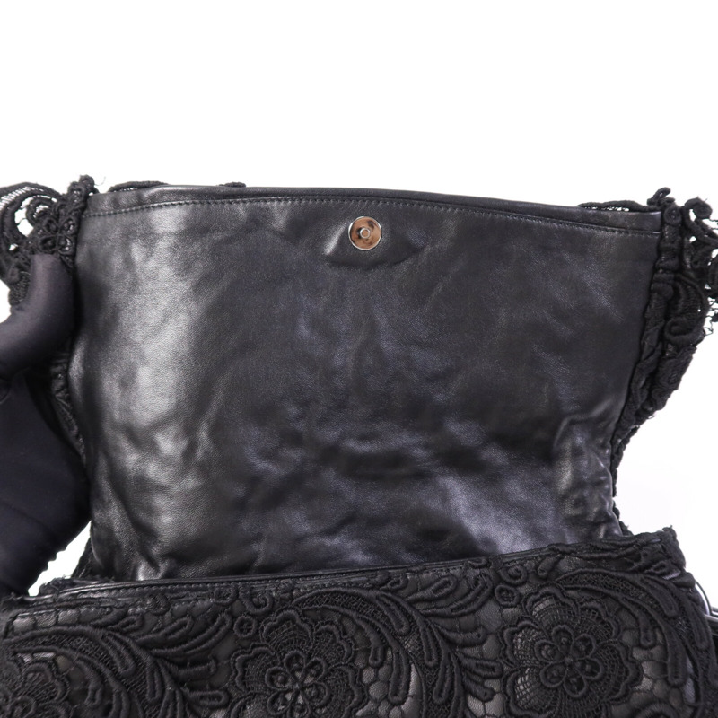 PRADA 針織布料/羊皮皮革Guipure Lace Shoulder Bag肩背袋-12