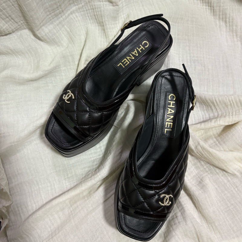 誠可議價 香奈兒 CHANEL 黑色菱格紋 厚底涼鞋-4