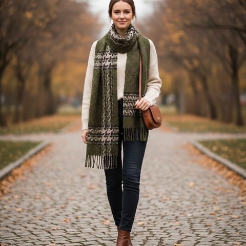 BURBERRY 倫敦 黑標稀少款千鳥格紋綠色毛料圍巾