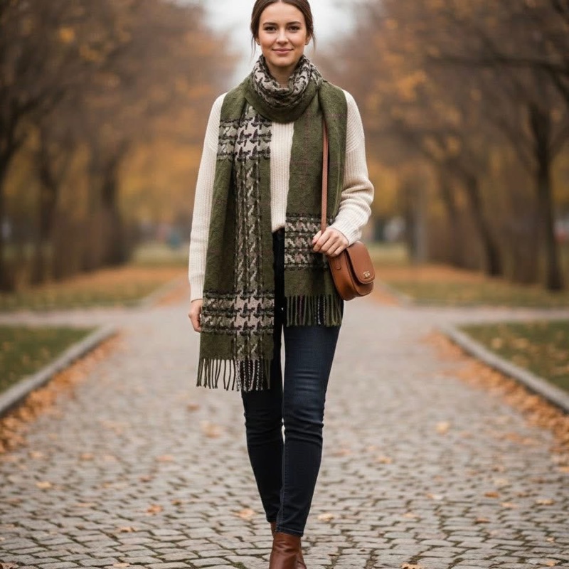 BURBERRY 倫敦 黑標稀少款千鳥格紋綠色毛料圍巾-0