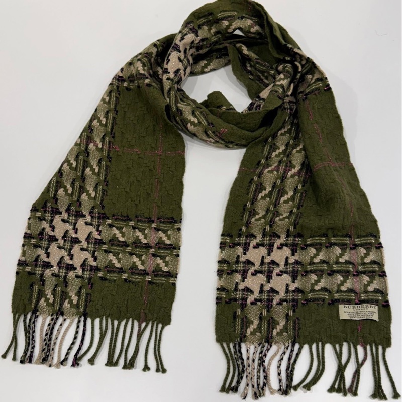 BURBERRY 倫敦 黑標稀少款千鳥格紋綠色毛料圍巾-1