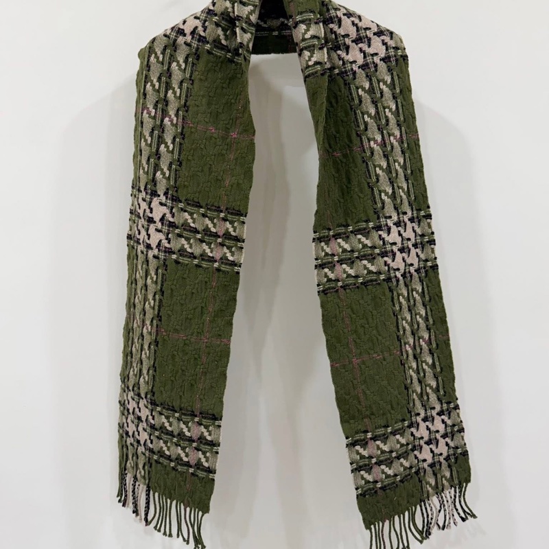 BURBERRY 倫敦 黑標稀少款千鳥格紋綠色毛料圍巾-2