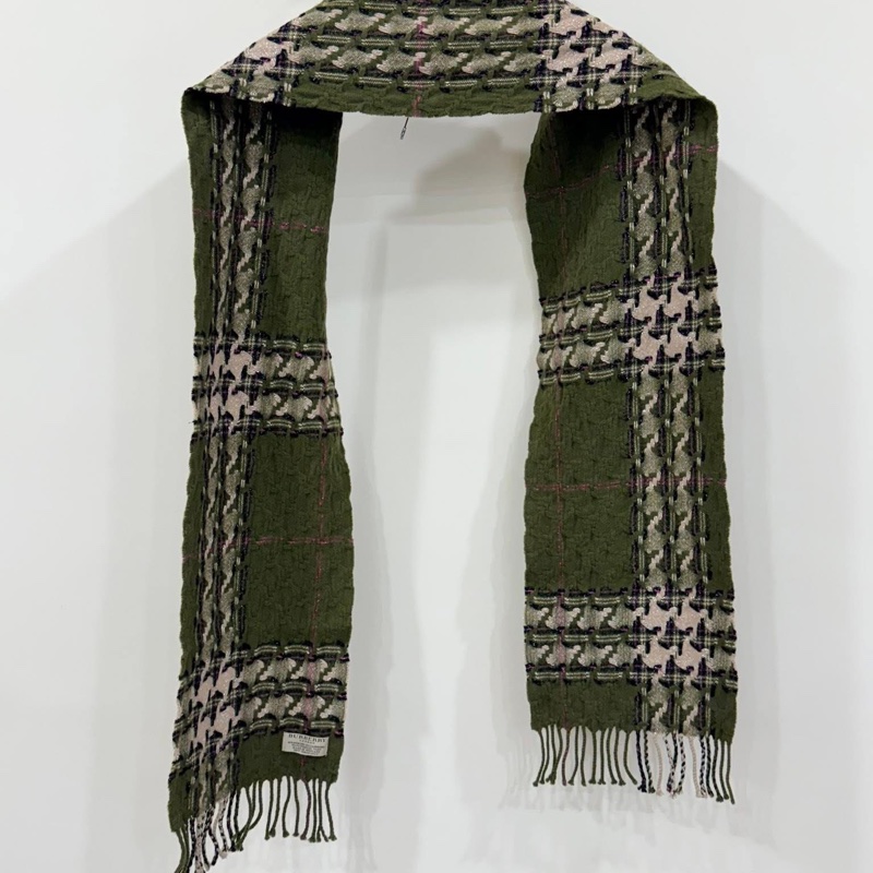 BURBERRY 倫敦 黑標稀少款千鳥格紋綠色毛料圍巾-3