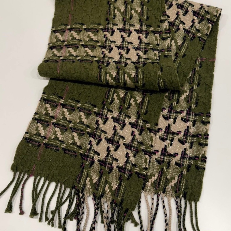 BURBERRY 倫敦 黑標稀少款千鳥格紋綠色毛料圍巾-5