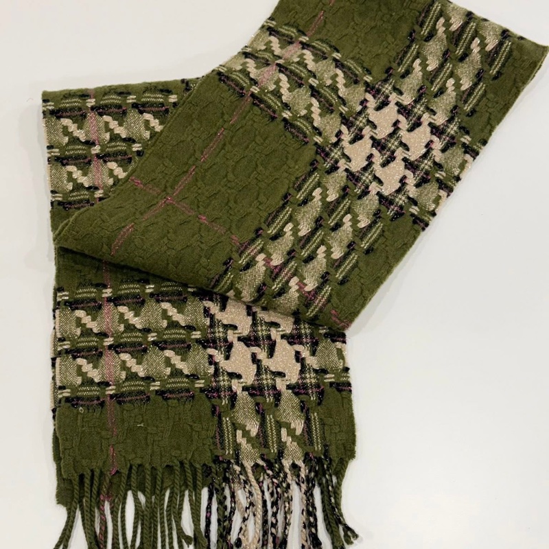 BURBERRY 倫敦 黑標稀少款千鳥格紋綠色毛料圍巾-6