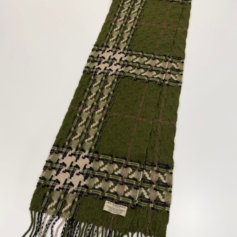 BURBERRY 倫敦 黑標稀少款千鳥格紋綠色毛料圍巾-7