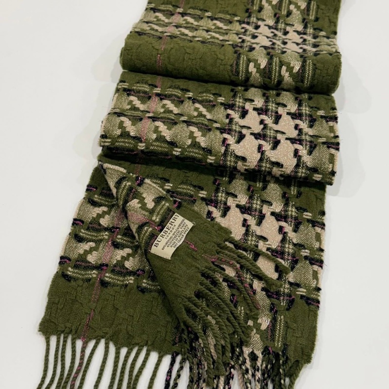 BURBERRY 倫敦 黑標稀少款千鳥格紋綠色毛料圍巾-8