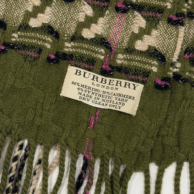BURBERRY 倫敦 黑標稀少款千鳥格紋綠色毛料圍巾-9
