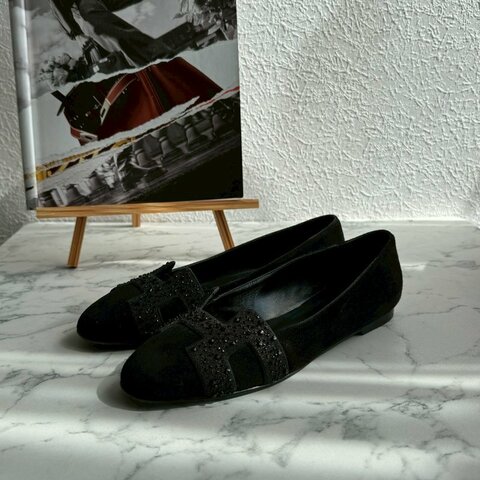 💝有盒子 狀況漂亮 Hermes 黑色亮鑽H造型平底鞋 娃娃鞋