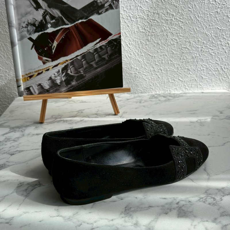 💝有盒子 狀況漂亮 Hermes 黑色亮鑽H造型平底鞋 娃娃鞋-1