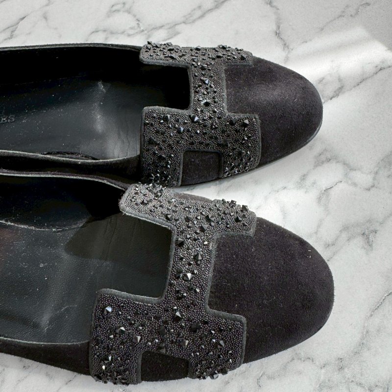 💝有盒子 狀況漂亮 Hermes 黑色亮鑽H造型平底鞋 娃娃鞋-4