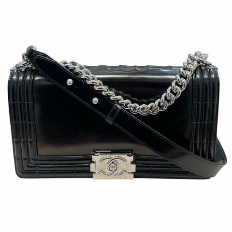 CHANEL 香奈兒 LE BOY 鍊條側背包 光面牛皮 黑色 銀釦