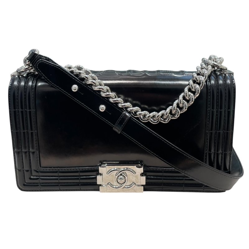 CHANEL 香奈兒 LE BOY 鍊條側背包 光面牛皮 黑色 銀釦-0