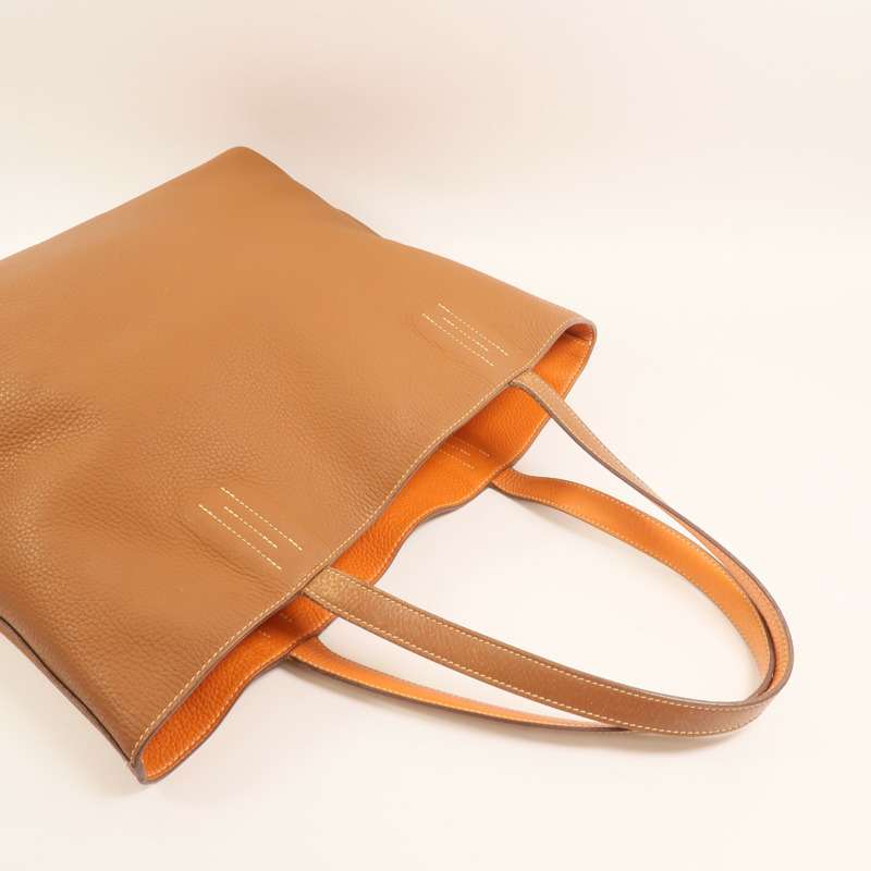 HERMES Clemence皮革Double Sens手挽袋Gold/Orange-6