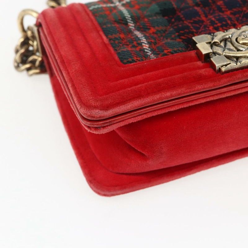 【日本直送】香奈兒 Boy Chanel 鏈條肩背包 絲絨 紅色 金色 CC 標誌 正品 159847V-13