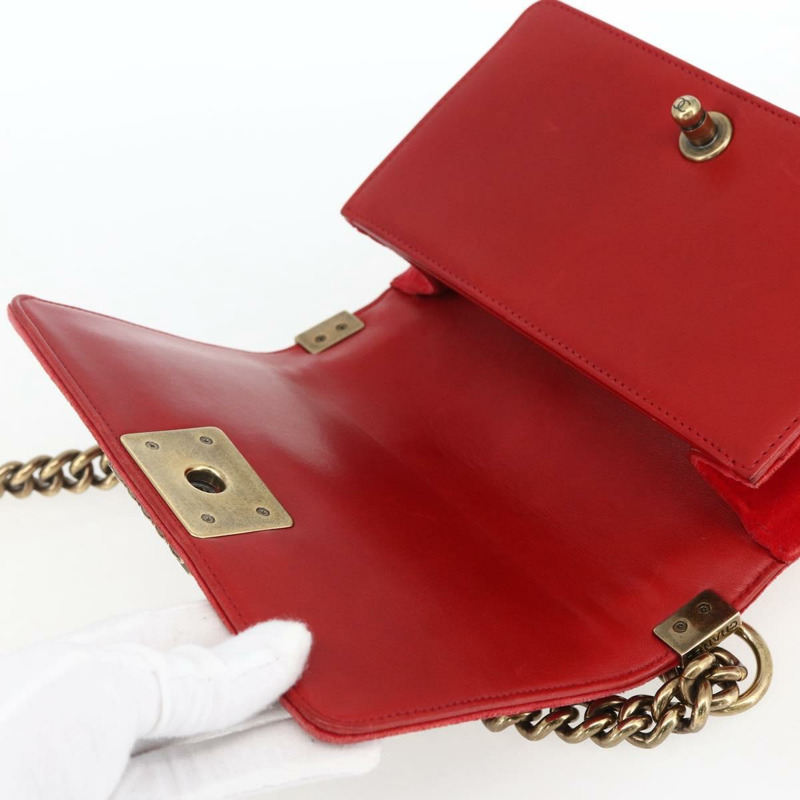 【日本直送】香奈兒 Boy Chanel 鏈條肩背包 絲絨 紅色 金色 CC 標誌 正品 159847V-17