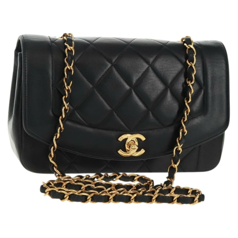 【日本直送】香奈兒 (CHANEL) 絎縫鏈條 Diana 23 手袋,羊皮材質,黑色,金色雙C標誌,正品編號 BA10554SAM-0